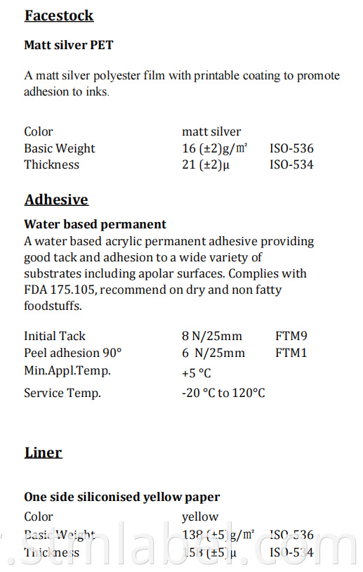 Matt Silver Pet Water Based Permanent Yellow Paper